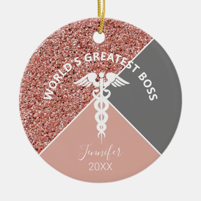 Nurse Boss Medical Rose Gold Personalized Year Ceramic Ornament (Front)