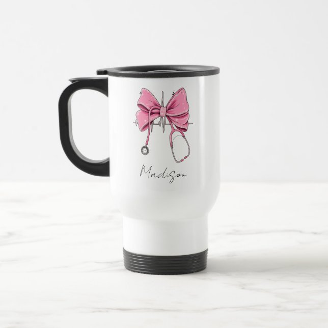 Nurse Bow Stethoscope Cup, Personalized Nurse Cup, Travel Mug (Left)