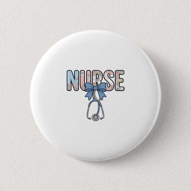 Nurse Bow Stethoscope Vintage Floral Button (Front)