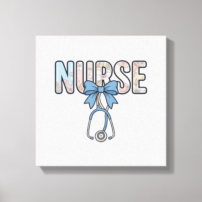Nurse Bow Stethoscope Vintage Floral Canvas Print (Front)