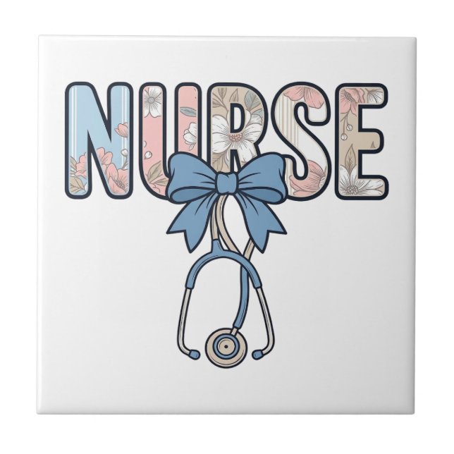 Nurse Bow Stethoscope Vintage Floral Ceramic Tile (Front)