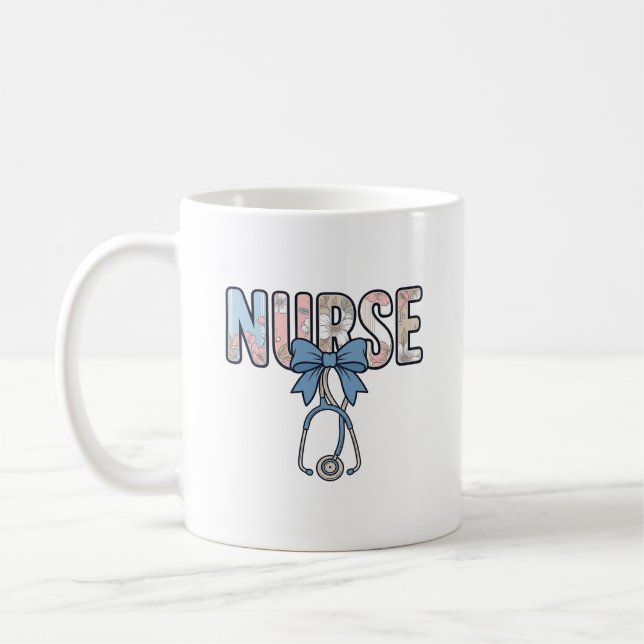 Nurse Bow Stethoscope Vintage Floral Coffee Mug (Left)