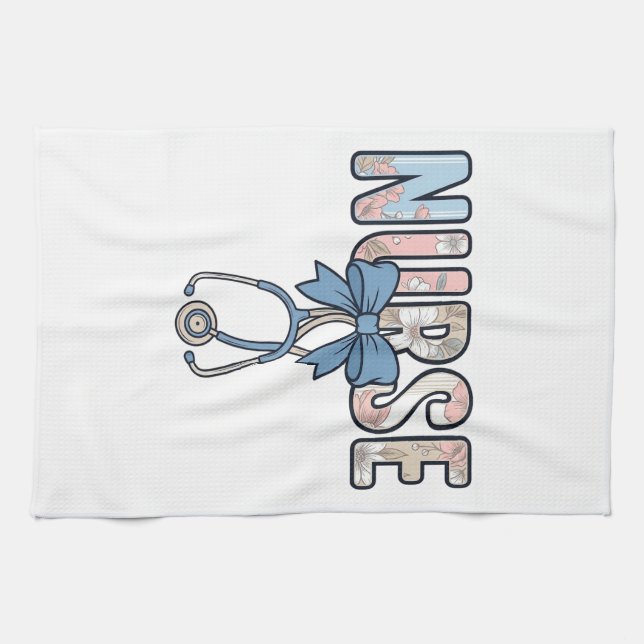 Nurse Bow Stethoscope Vintage Floral Kitchen Towel (Horizontal)