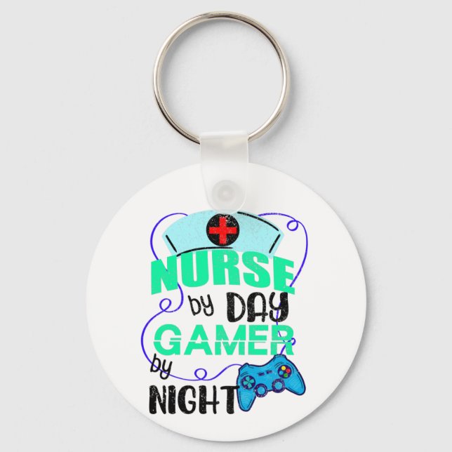 Nurse by Day Gamer by Night, Funny Gaming Nursing Keychain (Front)