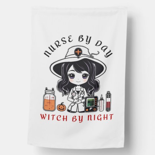 nurse by day witch by night cute Halloween witch House Flag
