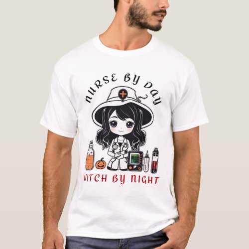 nurse by day witch by night cute Halloween witch T_Shirt