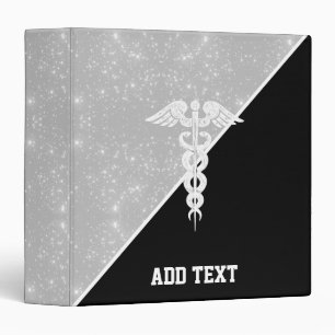 Nurse Caduceus Black Silver Faux Glitter Custom 3 Ring Binder