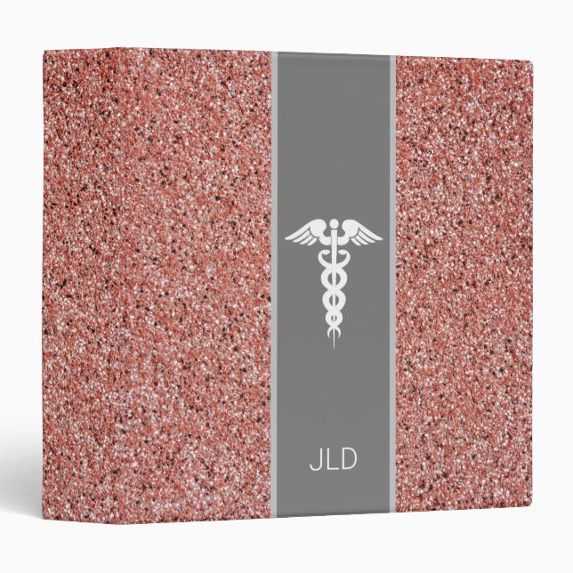 Nurse Caduceus Medical Rose Gold Glitter Monogram 3 Ring Binder (Front/Spine)