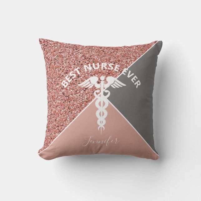 Nurse Caduceus Medical Rose Gold Personalized Name Throw Pillow (Front)