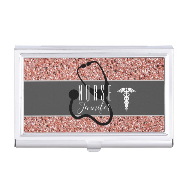 Nurse Caduceus Pink Rose Gold Glitter Personalized Business Card Case (Front)