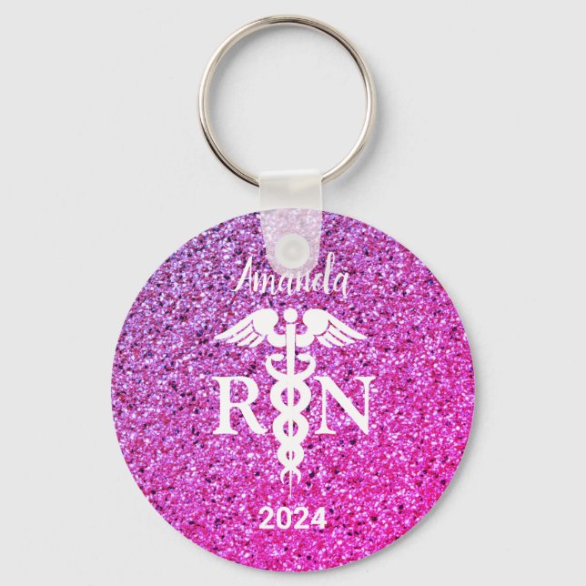 Nurse Caduceus Purple Pink Glitter Monogram Keychain (Front)