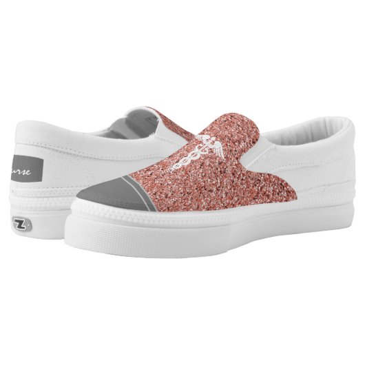 Nurse Caduceus Stylish Trendy Rose Gold Glitter Slip-On Sneakers (Pair)