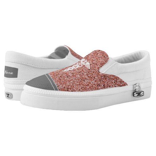 Nurse Caduceus Stylish Trendy Rose Gold Glitter Slip-On Sneakers (Pair)