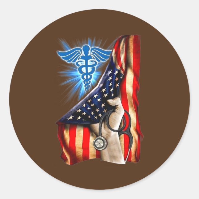 Nurse Caduceus Symbol Medical American Flag Hand Classic Round Sticker (Front)