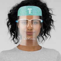 Nurse Caduceus Teal Blue Glitter Name Face Shield
