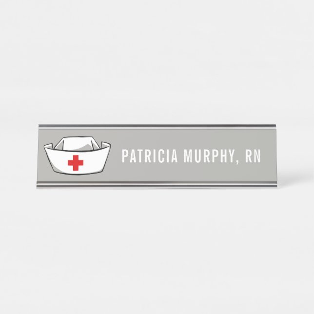 Nurse Cap RN Monogram Name Gray Desk Name Plate (Front)