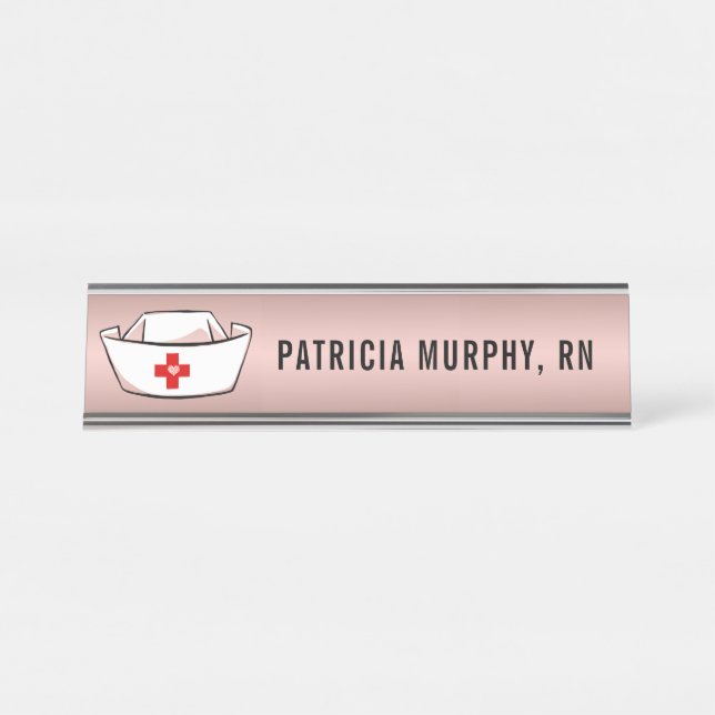 Nurse Cap RN Monogram Name Rose Gold Desk Name Plate (Front)