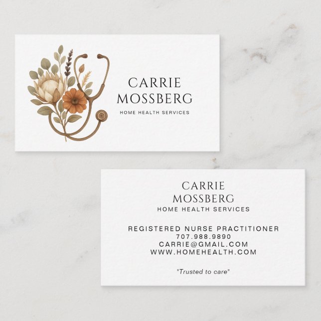 Nurse Caregiver Boho Floral Stethoscope  Business Card (Front/Back)