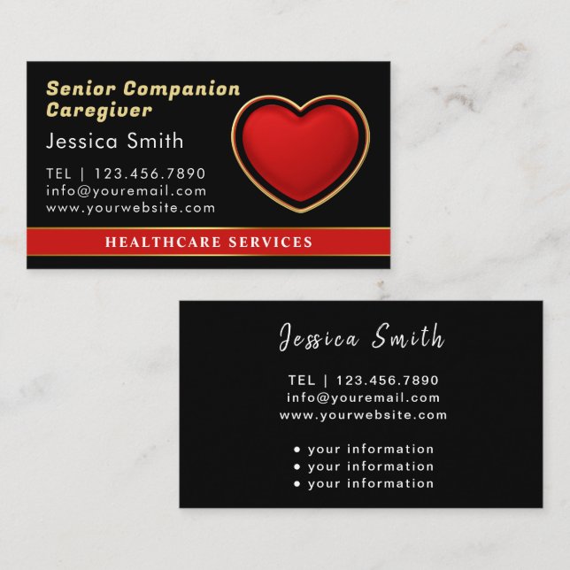 Nurse Caregiver Elegant Medical Black  Business Card (Front/Back)