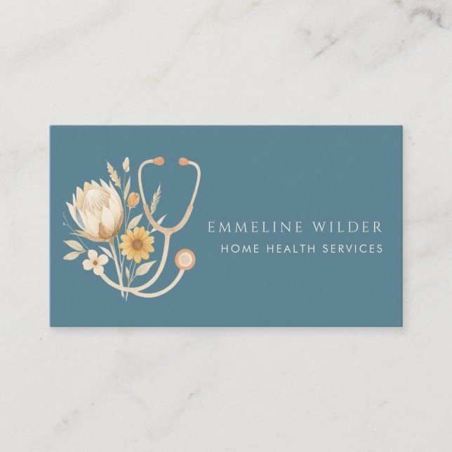 Nurse Caregiver Floral Stethoscope Blue  Business Card (Front)