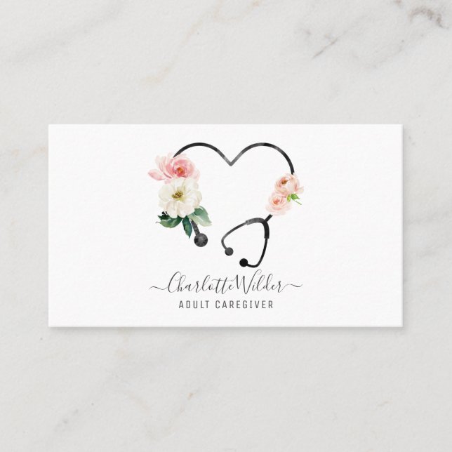 Nurse Caregiver Floral Stethoscope Business Card (Front)