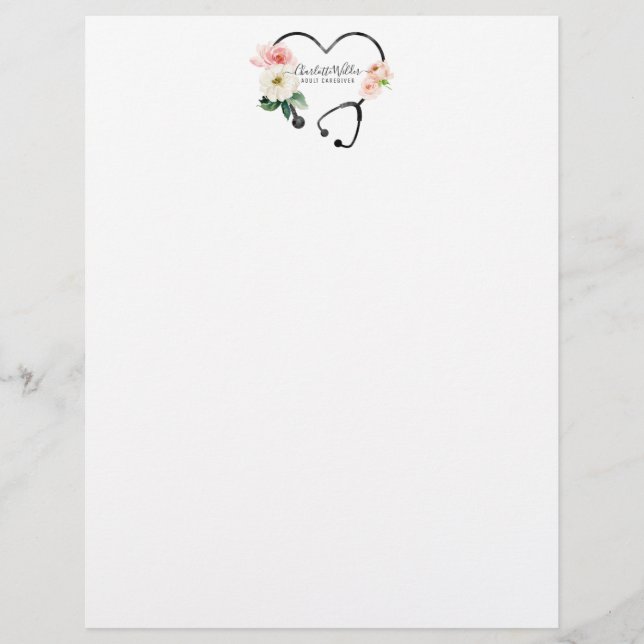 Nurse Caregiver Floral Stethoscope Letterhead (Front)