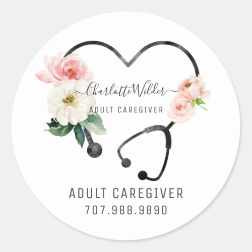 Nurse Caregiver Floral Stethoscope Promotional Classic Round Sticker