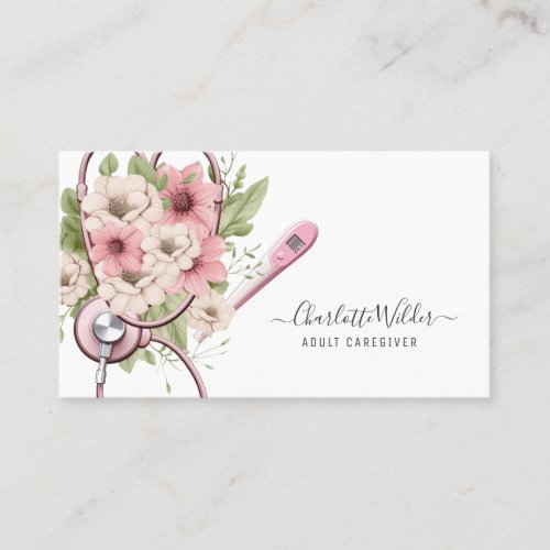 Nurse Caregiver Floral Stethoscope Thermometer Business Card