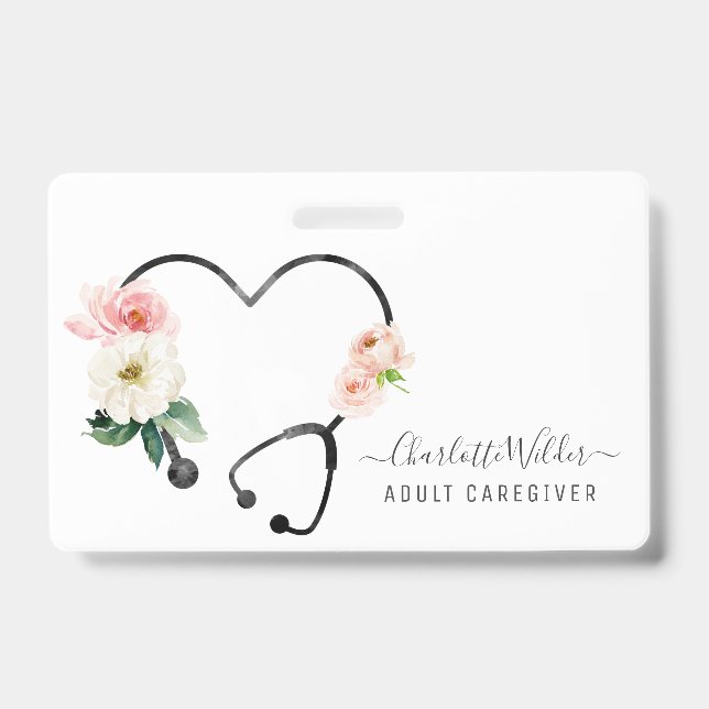 Nurse Caregiver Health Floral Stethoscope Badge (Front)