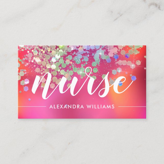 Nurse Caregiver Holographic Glitter Medical Pink Business Card (Front)