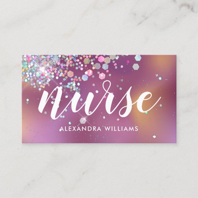 Nurse Caregiver Holographic Glitter Medical Purple Business Card (Front)