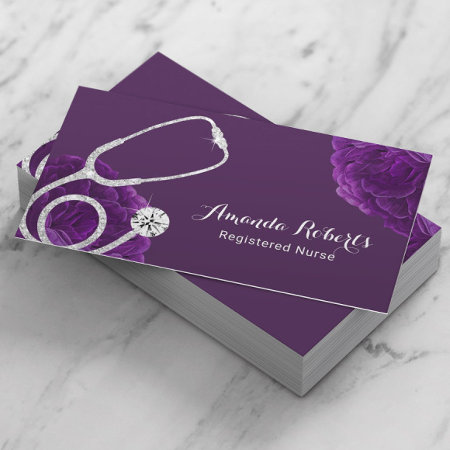Nurse Caregiver Medical Elegant Purple Floral Business Card