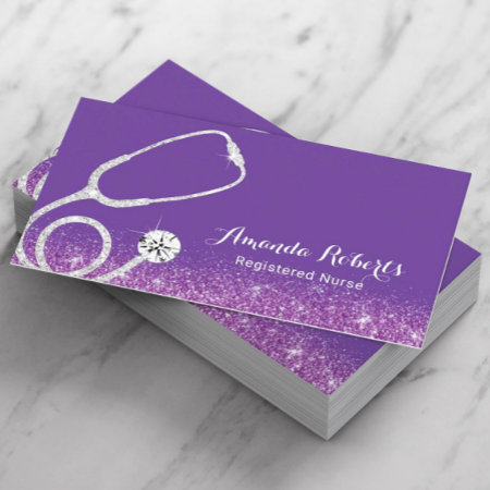 Nurse Caregiver Medical Purple Glitter Business Card