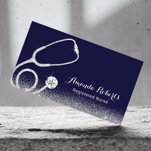 Customizable Nurse Caregiver Medical Silver Glitter Navy Blue Business Card