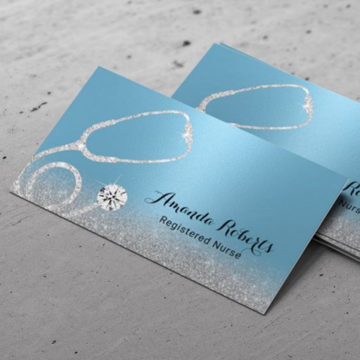 Customizable Nurse Caregiver Modern Glitter Light Blue Medical Business Card