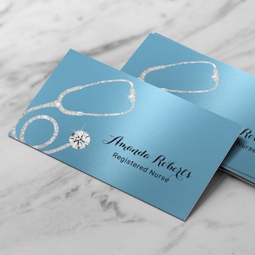 Nurse Caregiver Modern Light Blue Metallic Medical Business Card