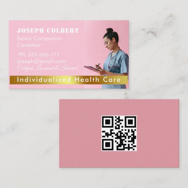 Nurse Caregiver Modern Rose Gold Medical QR Code Business Card (Front/Back)