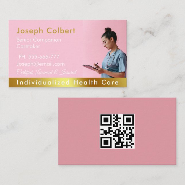Nurse Caregiver Modern Rose Gold Medical QR Code Business Card (Front/Back)