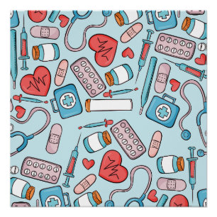 Nurse Cartoon Graphic Repeating Pattern Background Poster