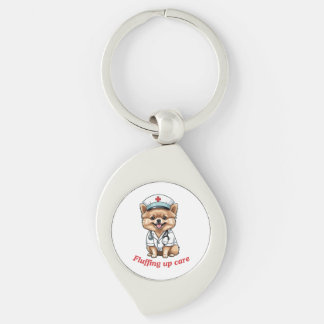 Nurse Cartoon with Pomeranian Dog Design Keychain