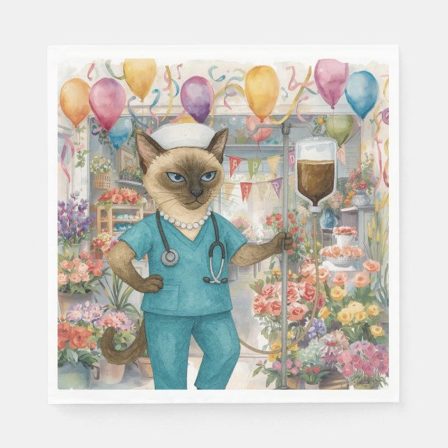 Nurse Cat Birthday Party with flowers and balloons Napkins (Front)