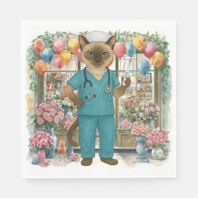 Nurse Cat Birthday Party with flowers and balloons Napkins (Front)