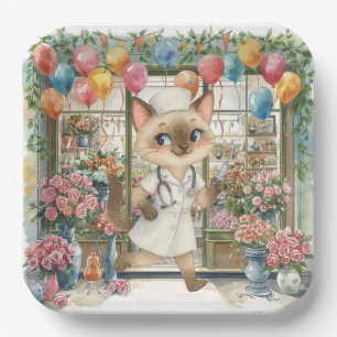 Nurse Cat Birthday Party with flowers and balloons Paper Plates