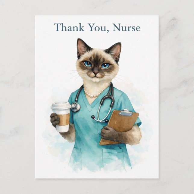 Nurse Cat with Coffee with text thank you card (Front)