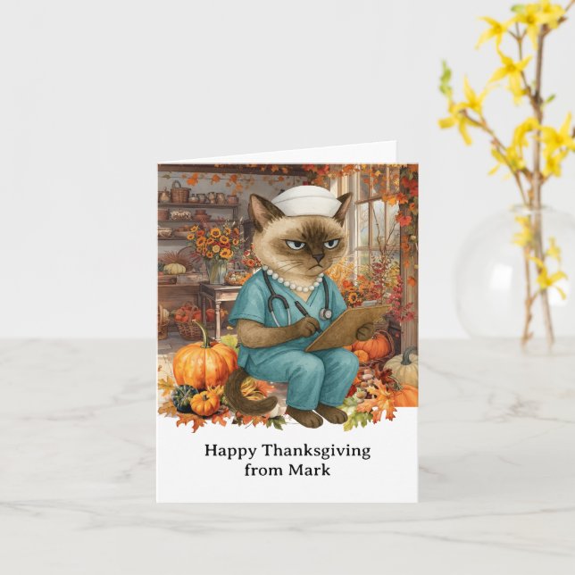 NURSE Cat with Flowers Fall Season Thanksgiving  Card (Yellow Flower)