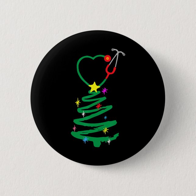 Nurse Christmas Tree Stethoscope Nurses Xmas Scrub Button (Front)