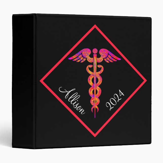 Nurse Colorful Caduceus Medical Personalized 3 Ring Binder (Front/Spine)
