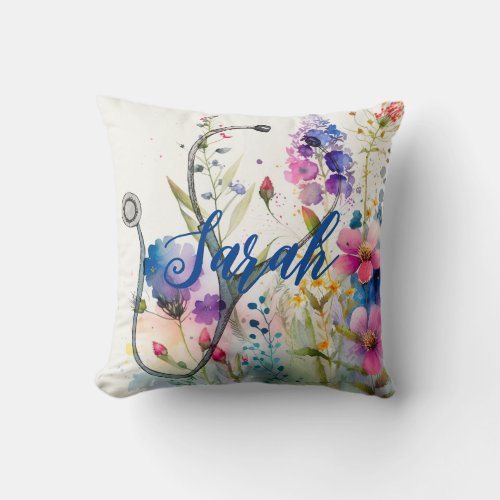 Nurse Colorful Spring Flower Watercolor Gift Throw Pillow