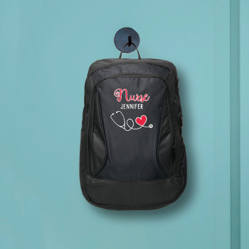 Nurse Cute Stethoscope Red Heart With Name Custom Port Authority® Backpack by maciba at Zazzle