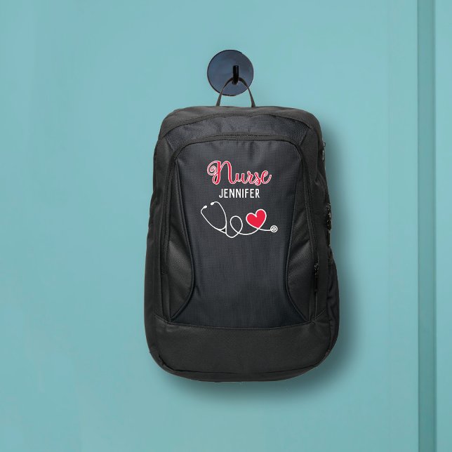Nurse cute stethoscope red heart with name custom port authority® backpack (Creator Uploaded)
